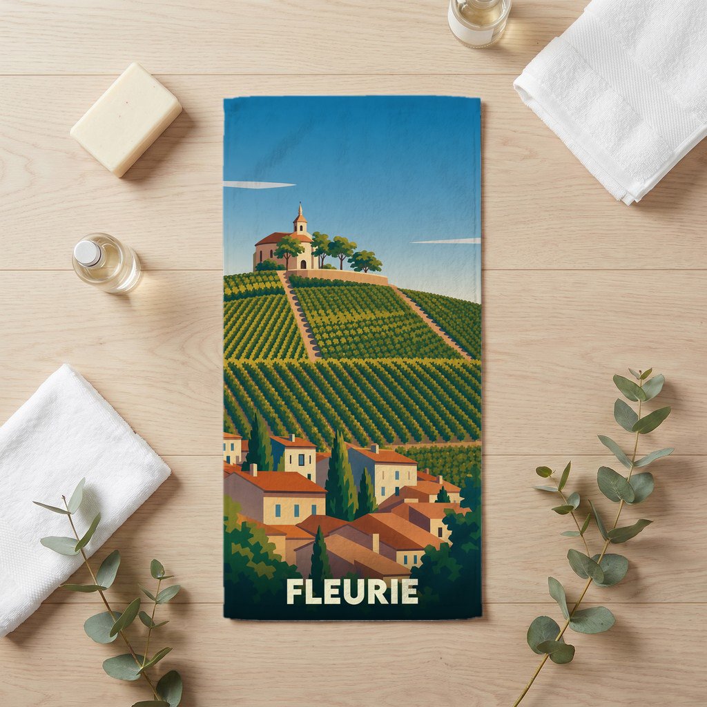 Serviette de bain souvenir de la ville de Fleurie avec une illustration stylisée de son vignoble.