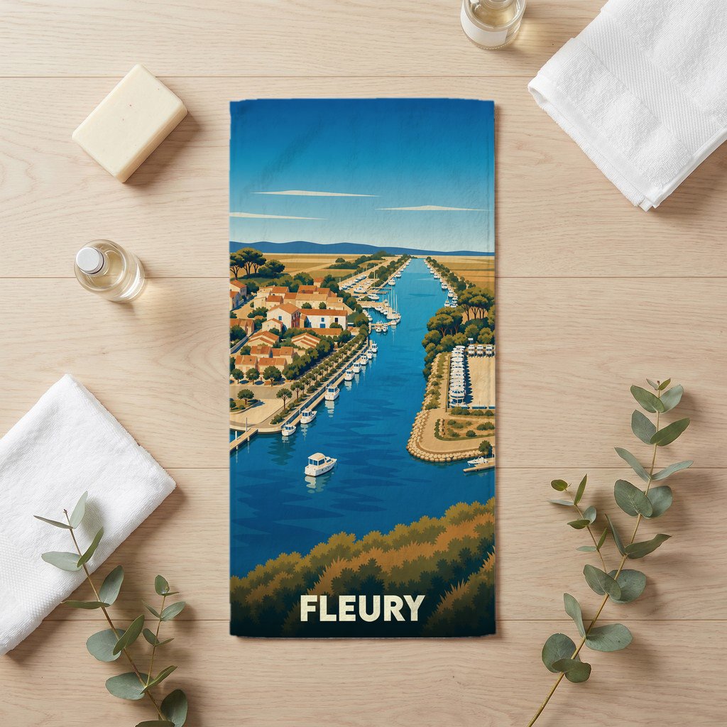 Serviette de bain souvenir de la ville de Fleury avec une illustration stylisée de son port.