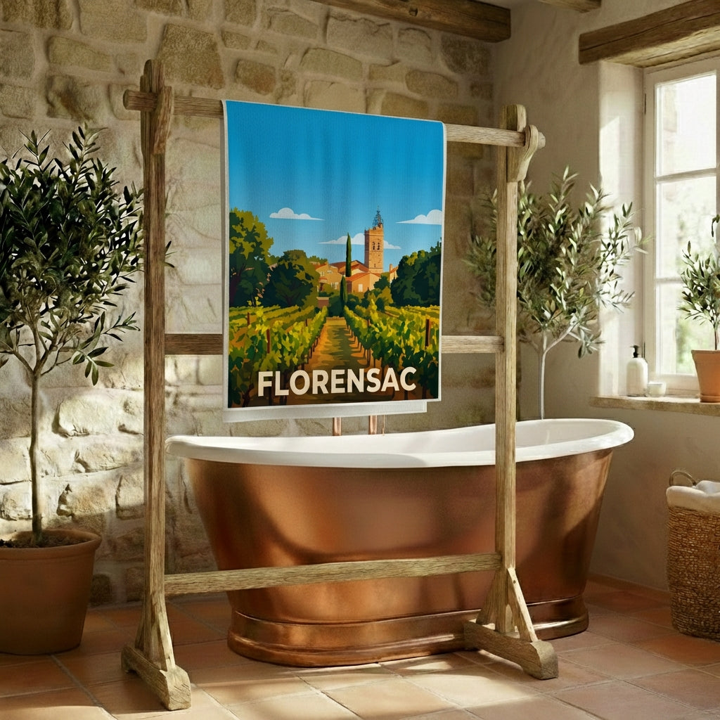 Serviette de bain souvenir de la ville de Florensac avec une illustration stylisée de paysages de vignobles.
