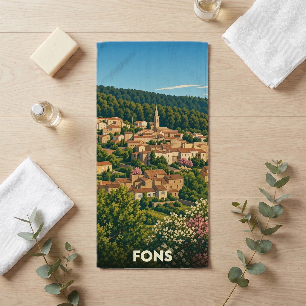 Serviette de bain souvenir de la ville de Fons avec une illustration stylisée d'un village perché.