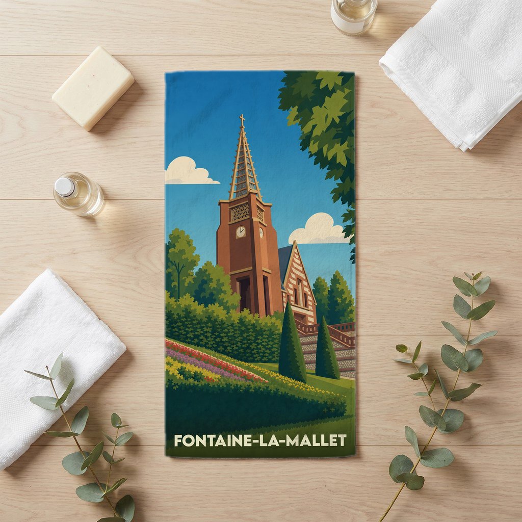 Serviette de bain souvenir de Fontaine-la-Mallet avec une illustration stylisée de son église et ses jardins.