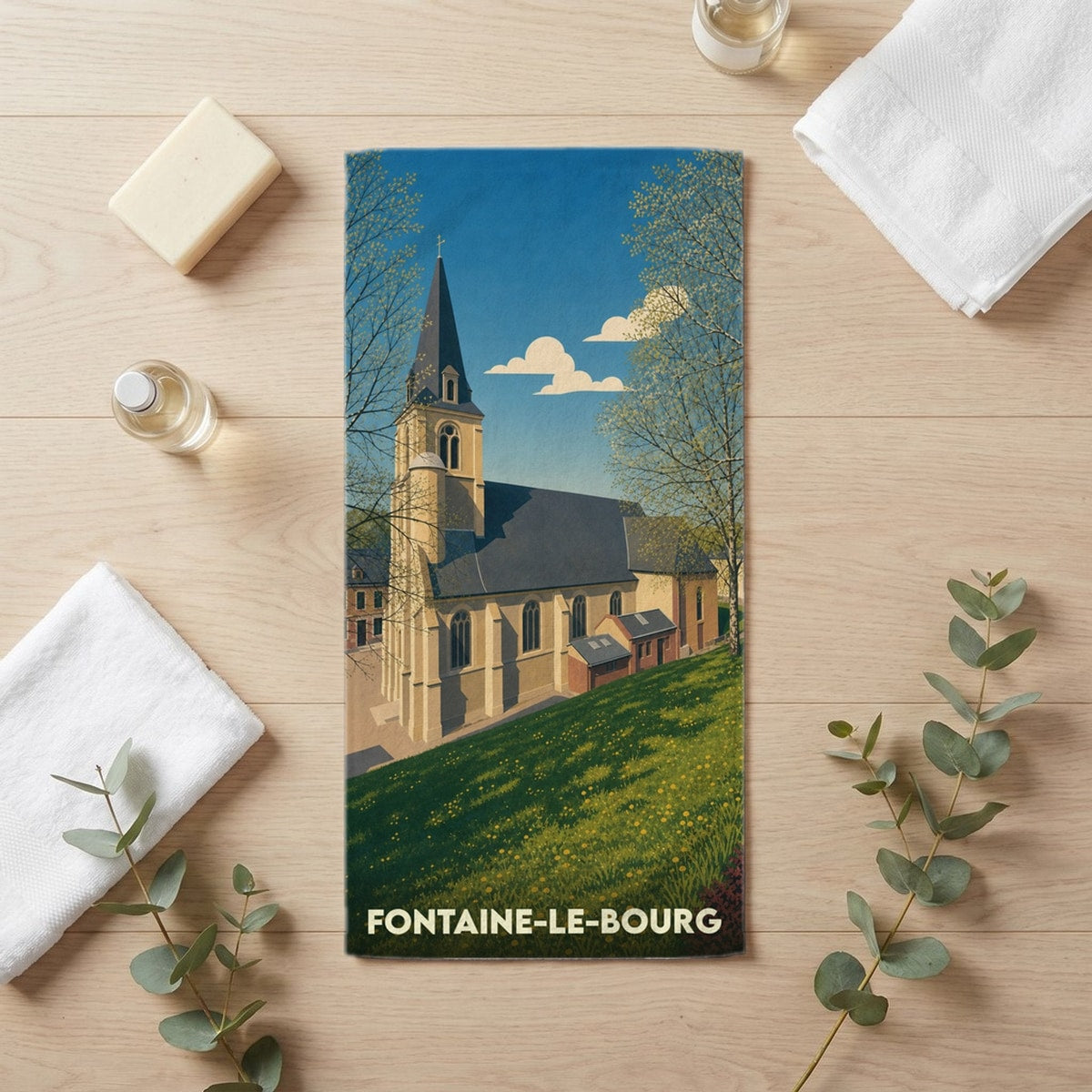 Serviette de bain 30 cm x 60 cm souvenir de Fontaine-le-Bourg