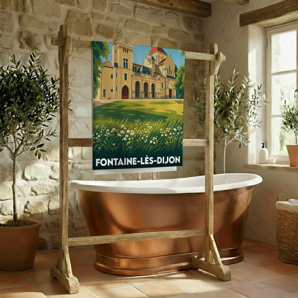 Serviette de bain souvenir de Fontaine-lès-Dijon avec une illustration stylisée de son patrimoine architectural.