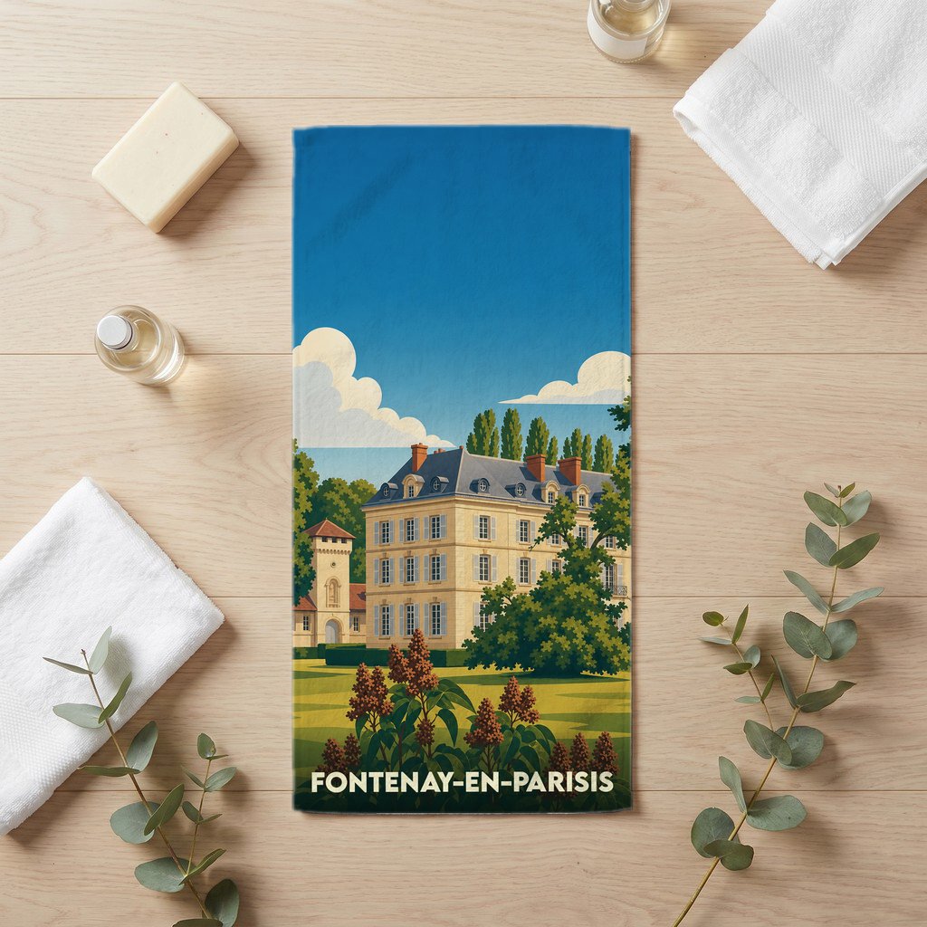 Serviette de bain souvenir de la ville de Fontenay-en-Parisis avec une illustration stylisée.