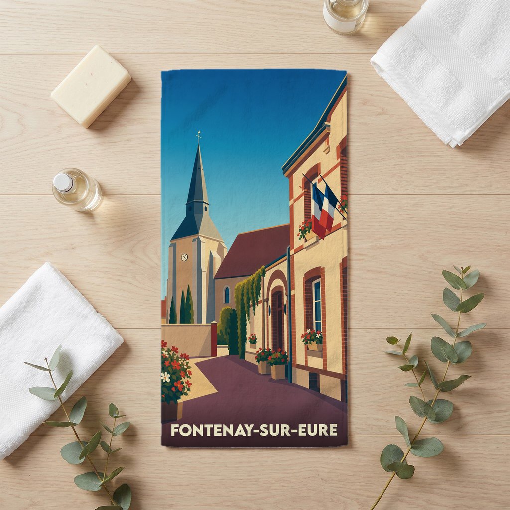 Serviette de bain souvenir de Fontenay-sur-Eure arborant une illustration stylisée de la ville.
