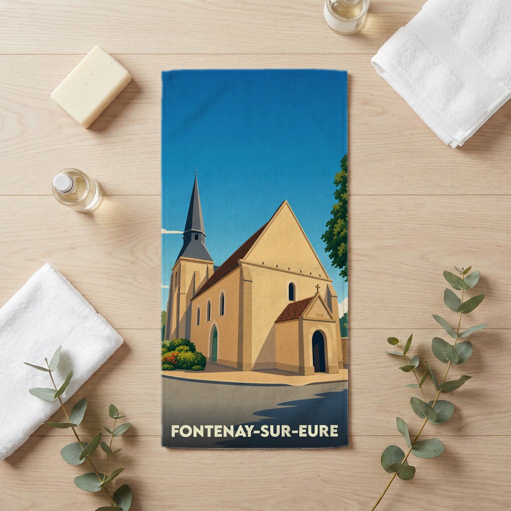 Serviette de bain souvenir de Fontenay-sur-Eure avec une illustration stylisée de son église.