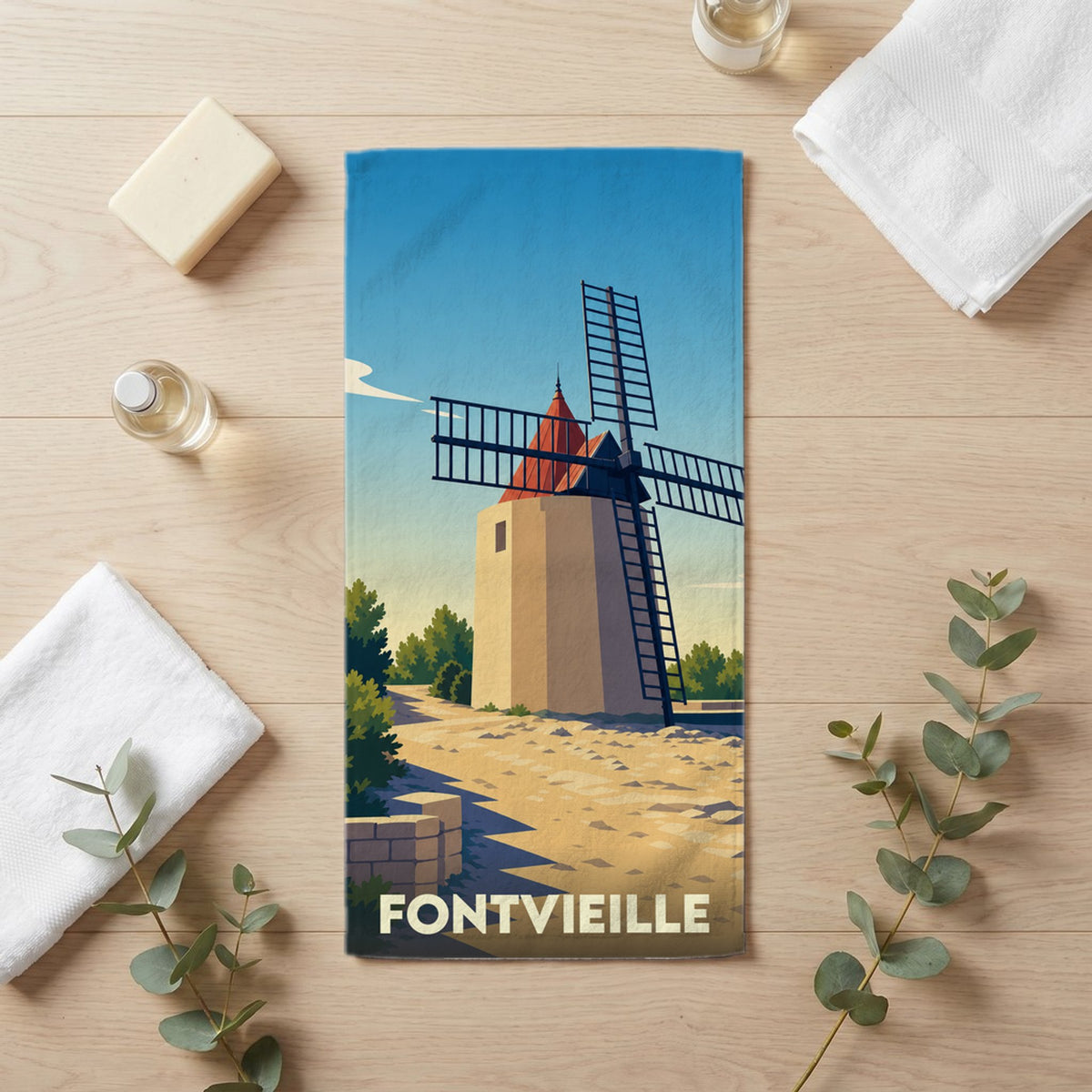 Serviette de bain 30 cm x 60 cm souvenir de Fontvieille