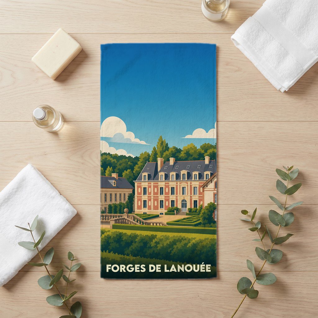 Serviette de bain souvenir de Forges de Lanouée avec une illustration stylisée d'un château.