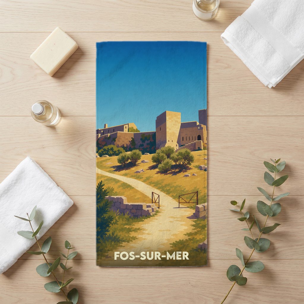 Serviette de bain souvenir de Fos-sur-Mer illustrée d'un paysage provençal stylisé.