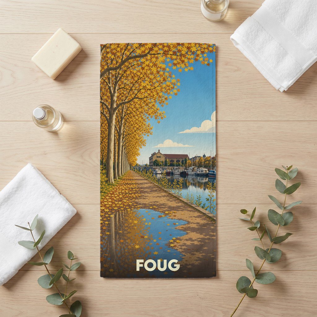 Serviette de bain souvenir de la ville de Foug avec une illustration automnale stylisée.