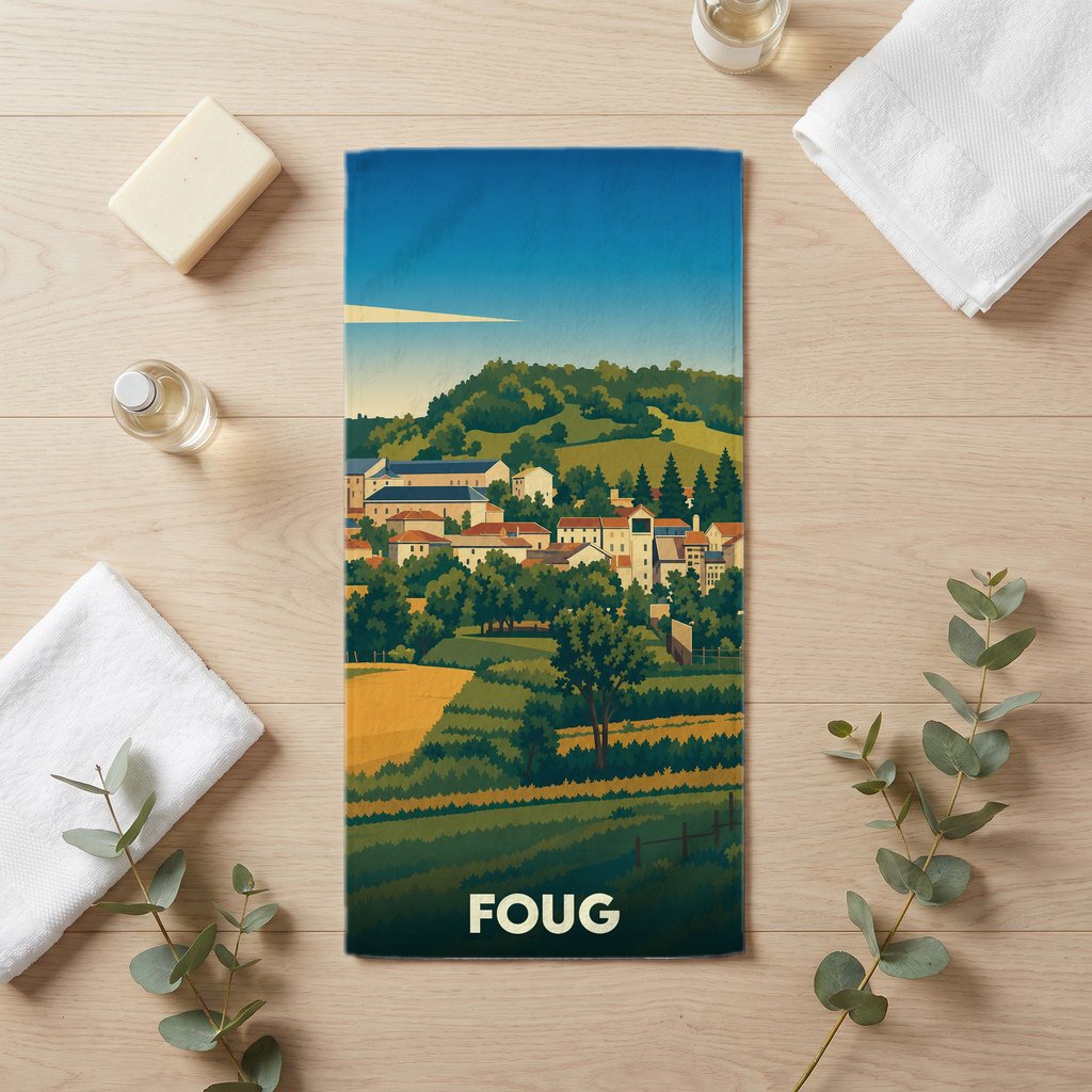 Serviette de bain souvenir de la ville de Foug avec une illustration de paysage stylisée.