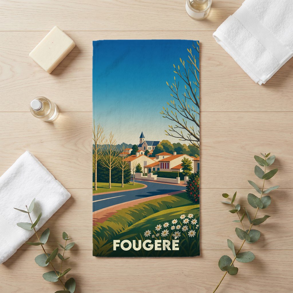 Serviette de bain souvenir de la ville de Fougeré avec une illustration stylisée de son paysage.