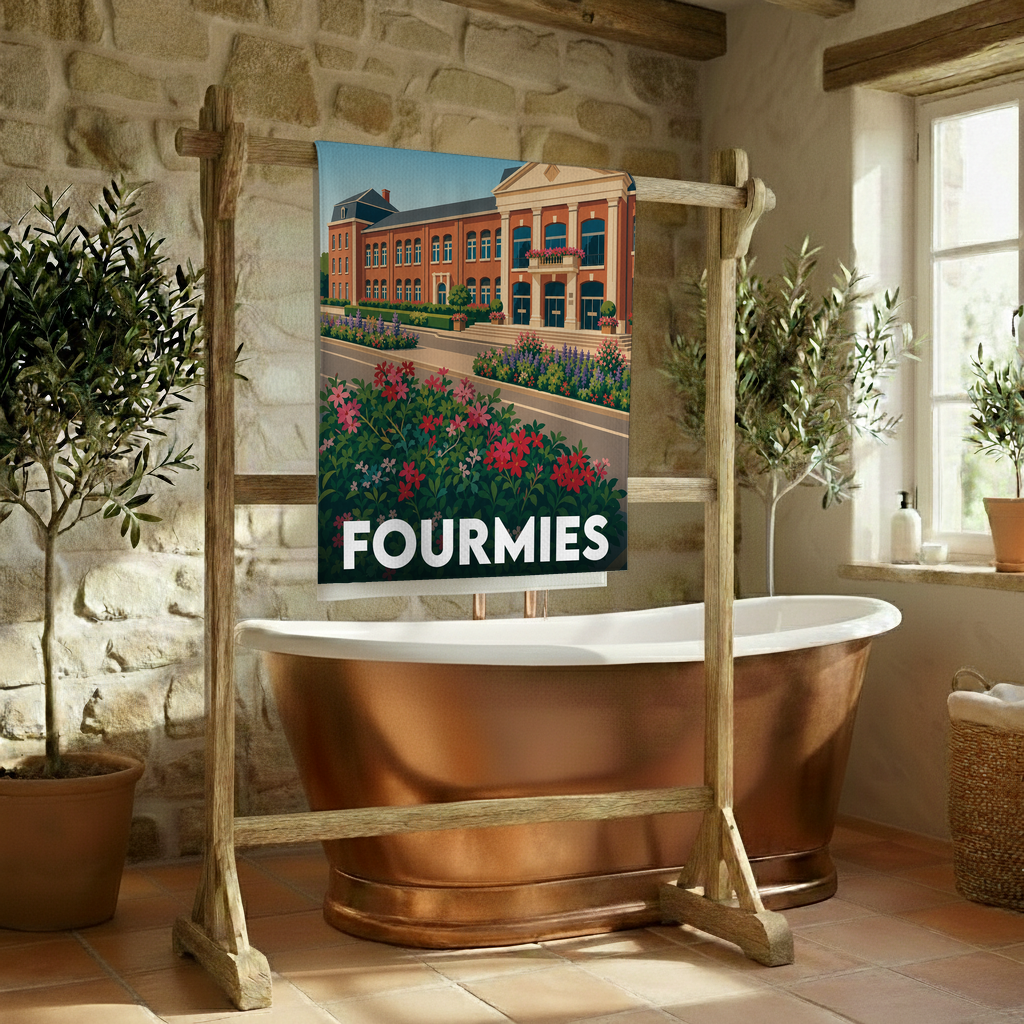 Serviette de bain souvenir de la ville de Fourmies avec une illustration stylisée.