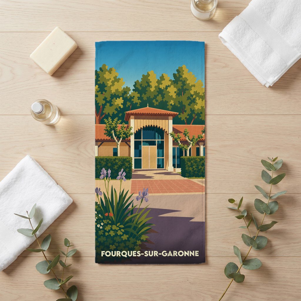 Serviette de bain souvenir de Fourques-sur-Garonne avec une illustration stylisée du paysage local.
