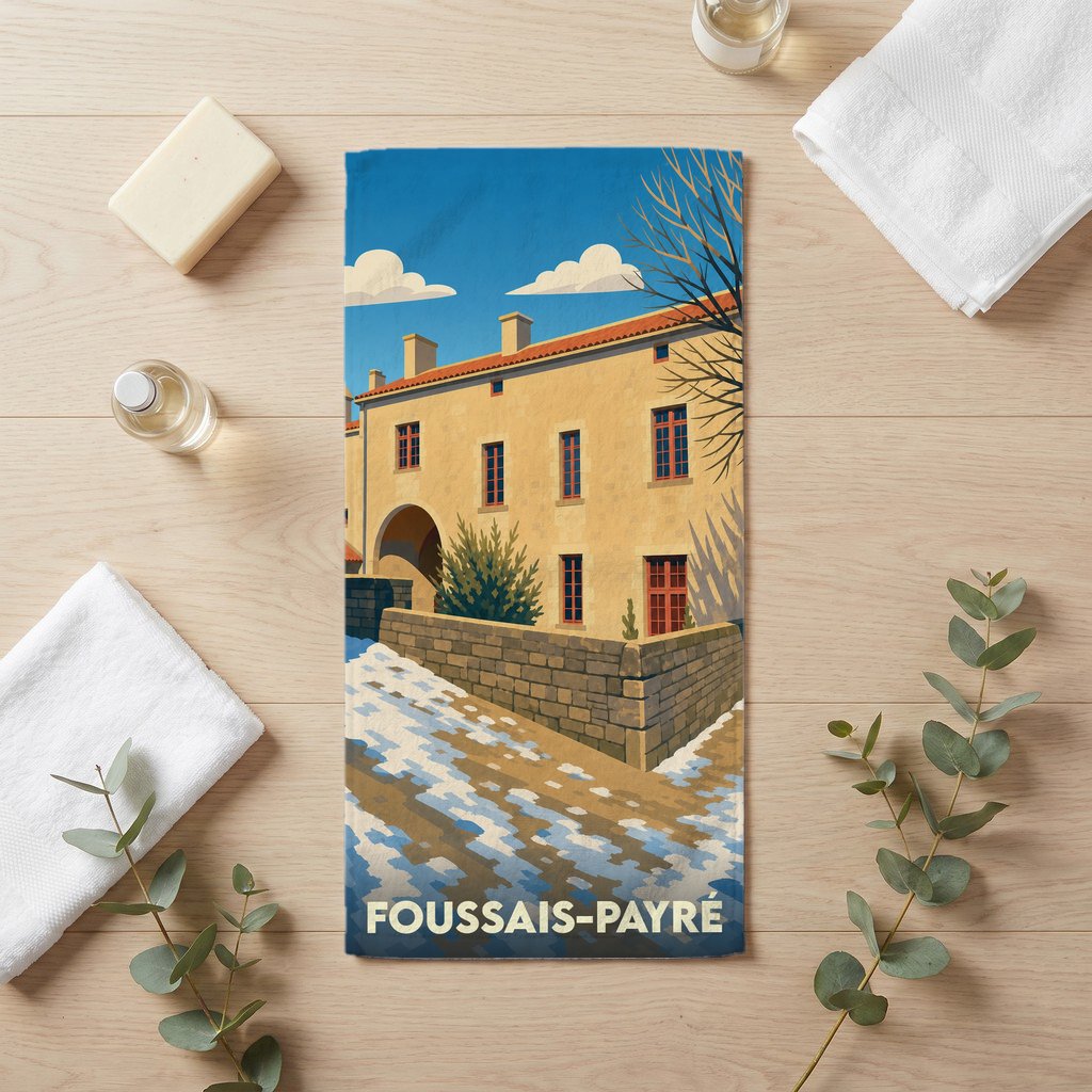 Serviette de bain souvenir de la ville de Foussais-Payré avec une illustration stylisée d'un bâtiment historique.