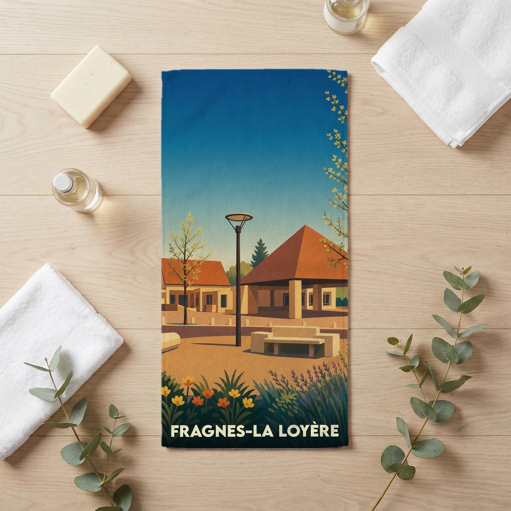 Serviette de bain souvenir de la ville de Fragnes-La Loyère avec une illustration stylisée.
