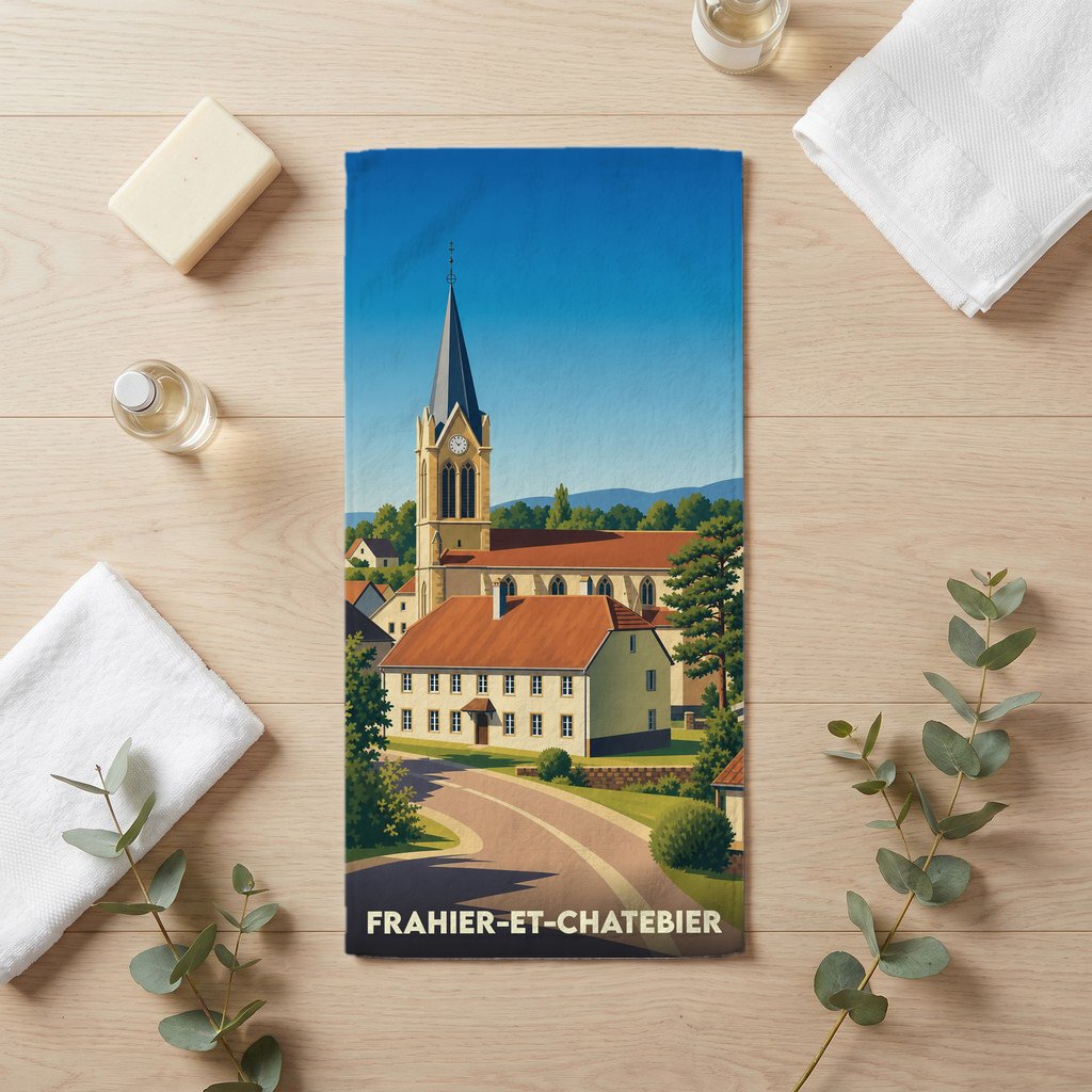 Serviette de bain souvenir de la ville de Frahier-et-Chatebier avec une illustration stylisée.