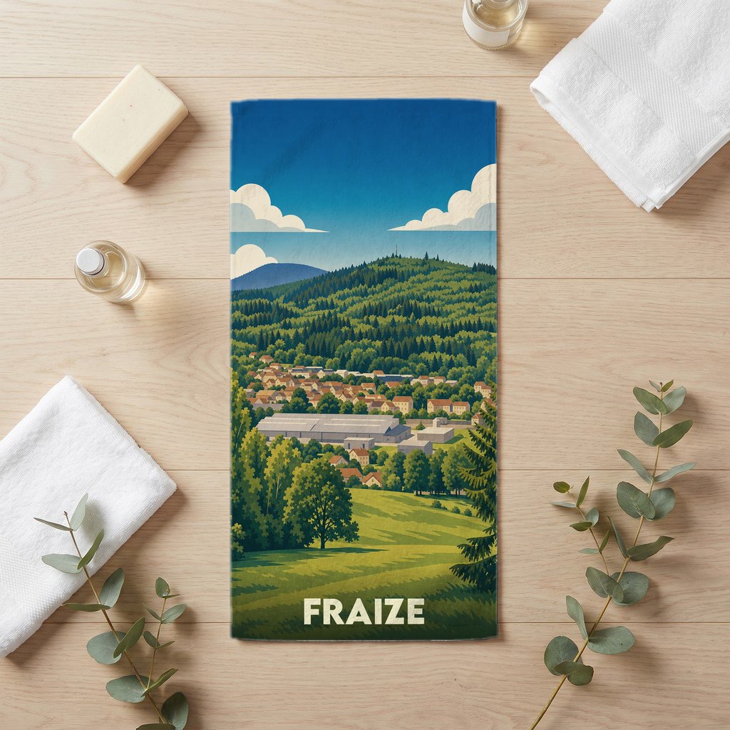 Serviette de bain souvenir de la ville de Fraize avec une illustration stylisée de son paysage vallonné.