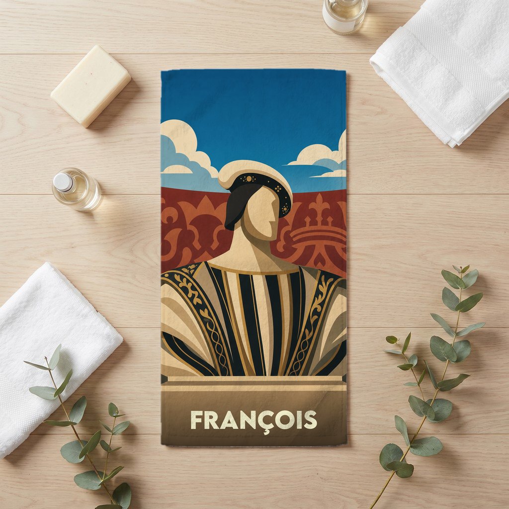 Serviette de bain souvenir de la ville de François avec une illustration stylisée d'un portrait royal.