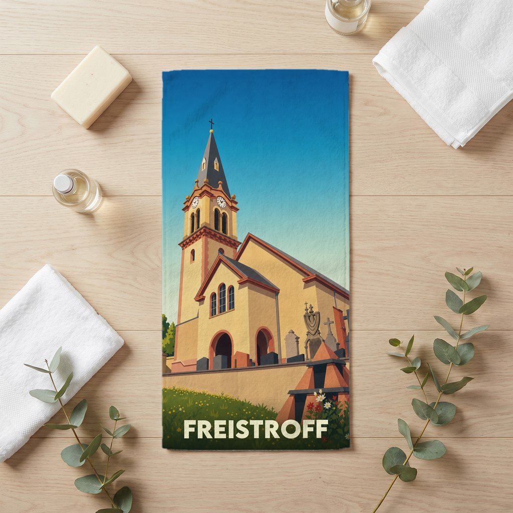 Serviette de bain souvenir de la ville de Freistroff avec une illustration stylisée de son église.