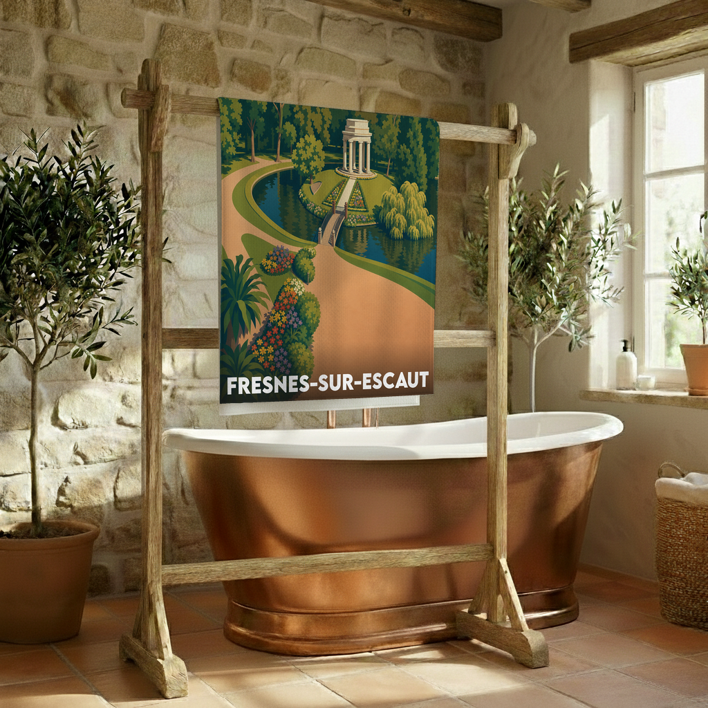 Serviette de bain souvenir de la ville de Fresnes-sur-Escaut avec une illustration stylisée de parc.