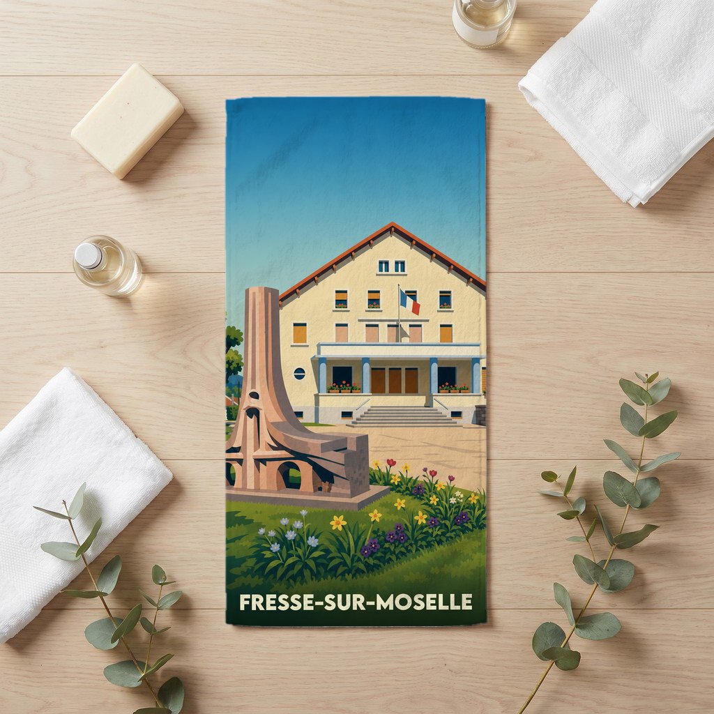 Serviette de bain souvenir de la ville de Fresse-sur-Moselle avec une illustration stylisée de sa mairie et d'un monument.