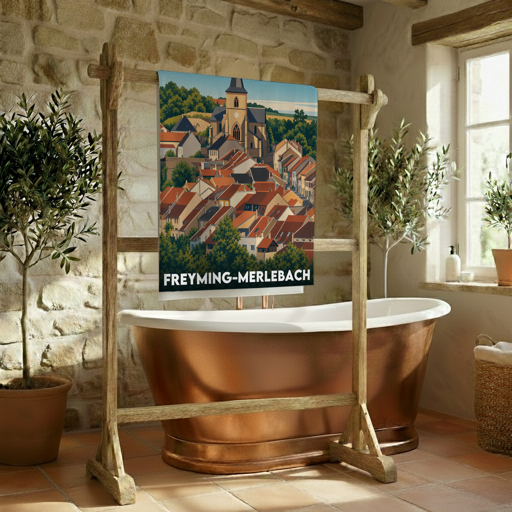 Serviette de bain souvenir de la ville de Freyming-Merlebach avec une illustration stylisée.
