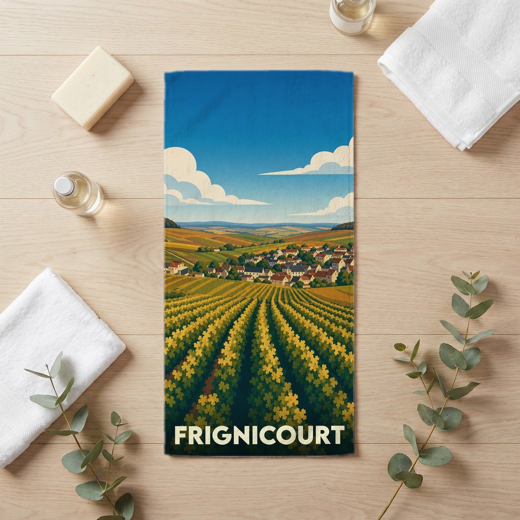 Serviette de bain souvenir de la ville de Frignicourt avec une illustration stylisée de vignobles et de village.