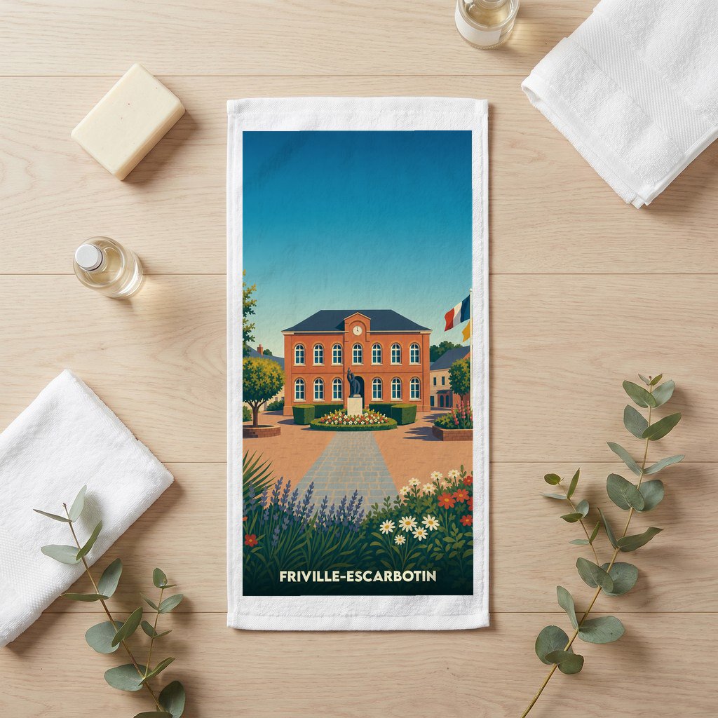 Serviette de bain souvenir de la ville de Friville-Escarbotin avec une illustration stylisée de l'hôtel de ville.