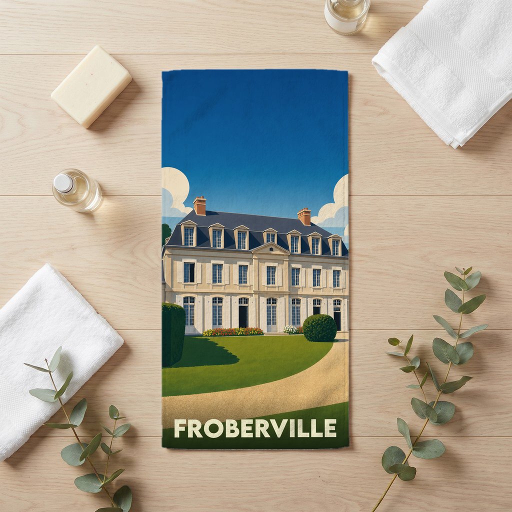 Serviette de bain souvenir de la ville de Froberville avec une illustration stylisée d'un château.