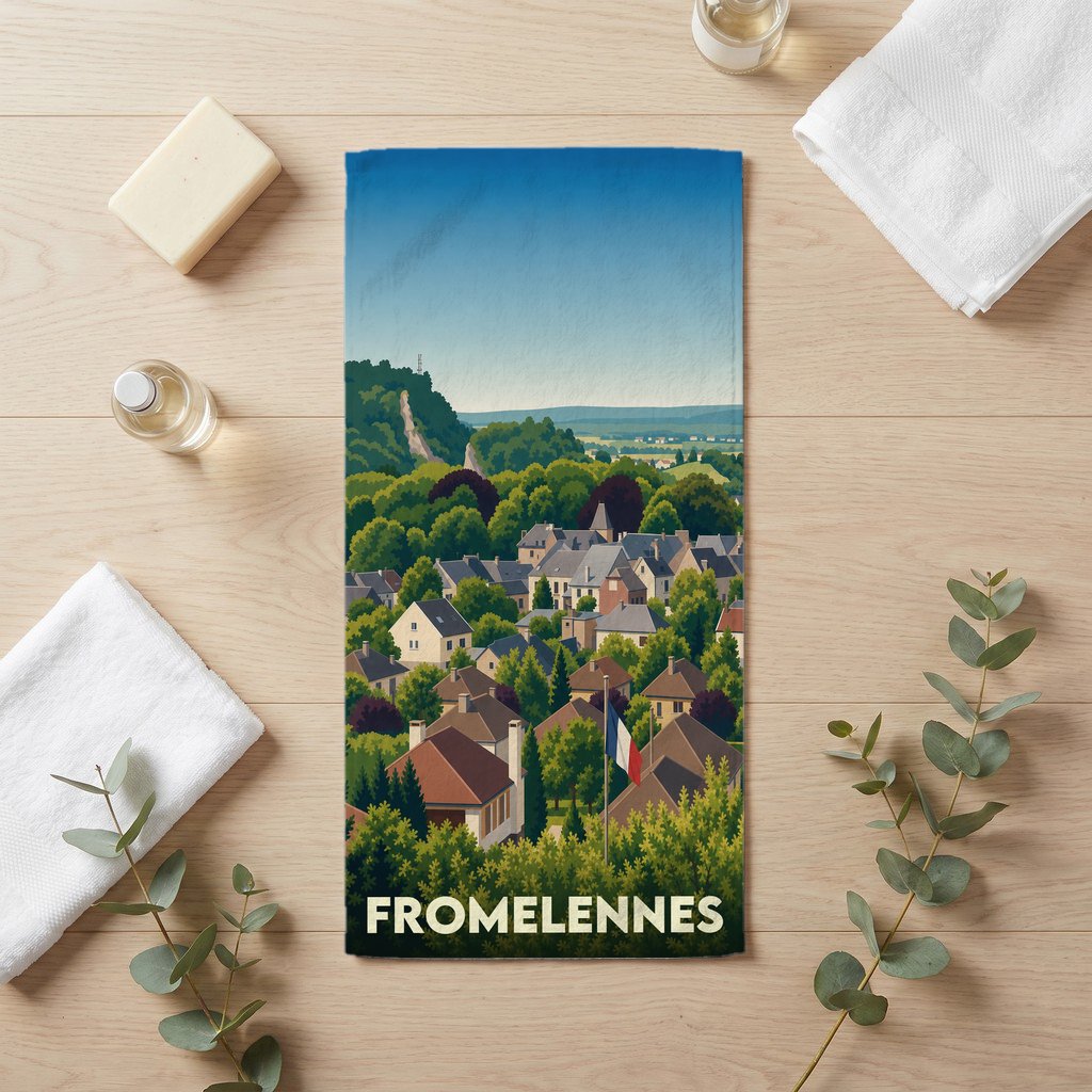 Serviette de bain souvenir de la ville de Fromelennes avec une illustration paysagère stylisée.