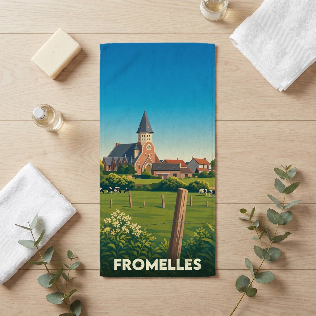 Serviette de bain souvenir de la ville de Fromelles avec une illustration stylisée.