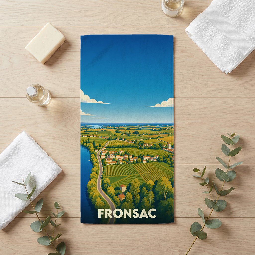 Serviette de bain souvenir de la ville de Fronsac illustrée d'un paysage de vignobles stylisé.