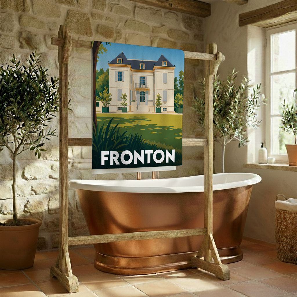 Serviette de bain souvenir de la ville de Fronton ornée d'une illustration stylisée de château.