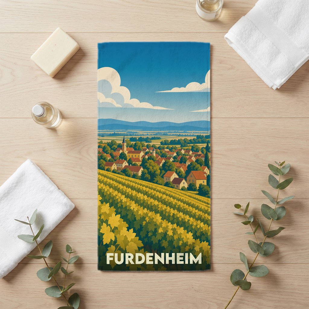 Serviette de bain souvenir de la ville de Furdenheim illustrée d'un paysage de vignobles et de village.