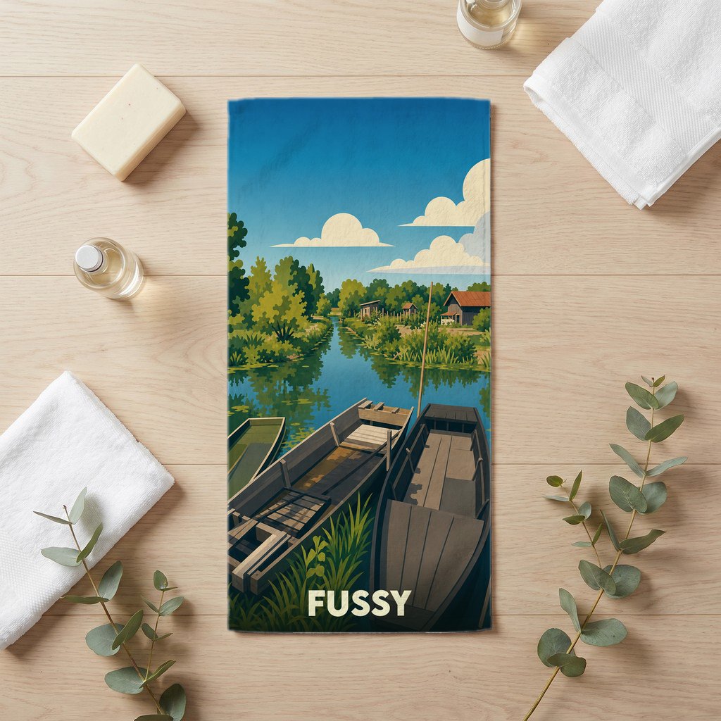 Serviette de bain souvenir de la ville de Fussy avec une illustration stylisée d'un paysage de barques sur l'eau.