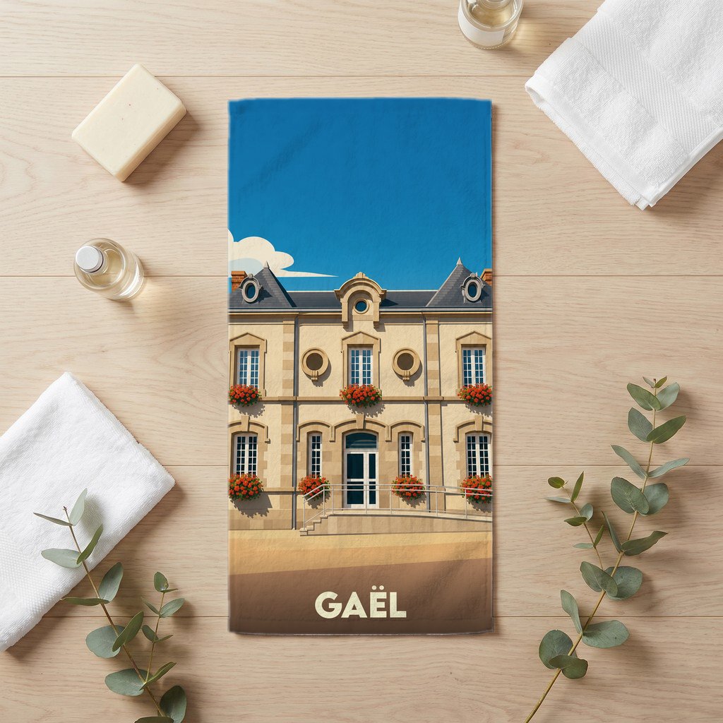 Serviette de bain souvenir de la ville de Gaël avec une illustration stylisée d'un bâtiment fleuri.