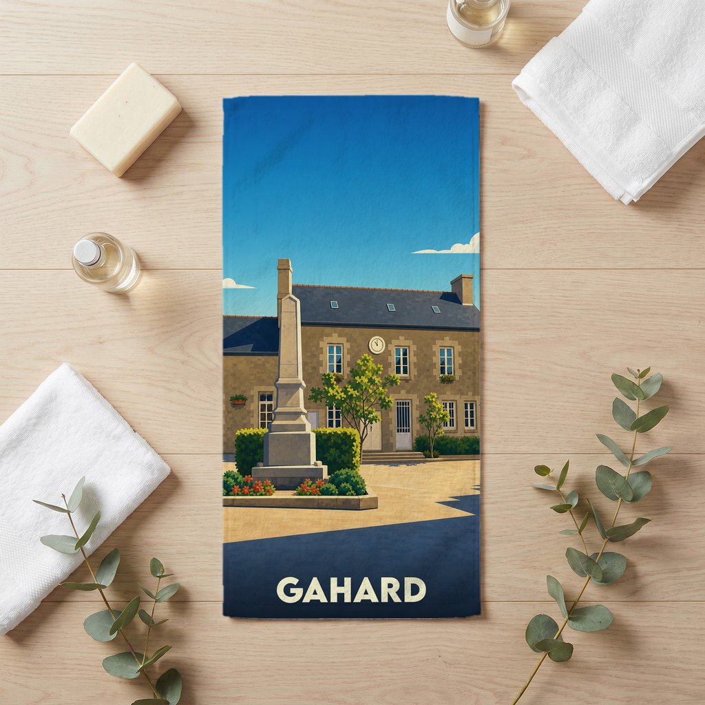 Serviette de bain souvenir de la ville de Gahard avec une illustration stylisée d'un monument historique.