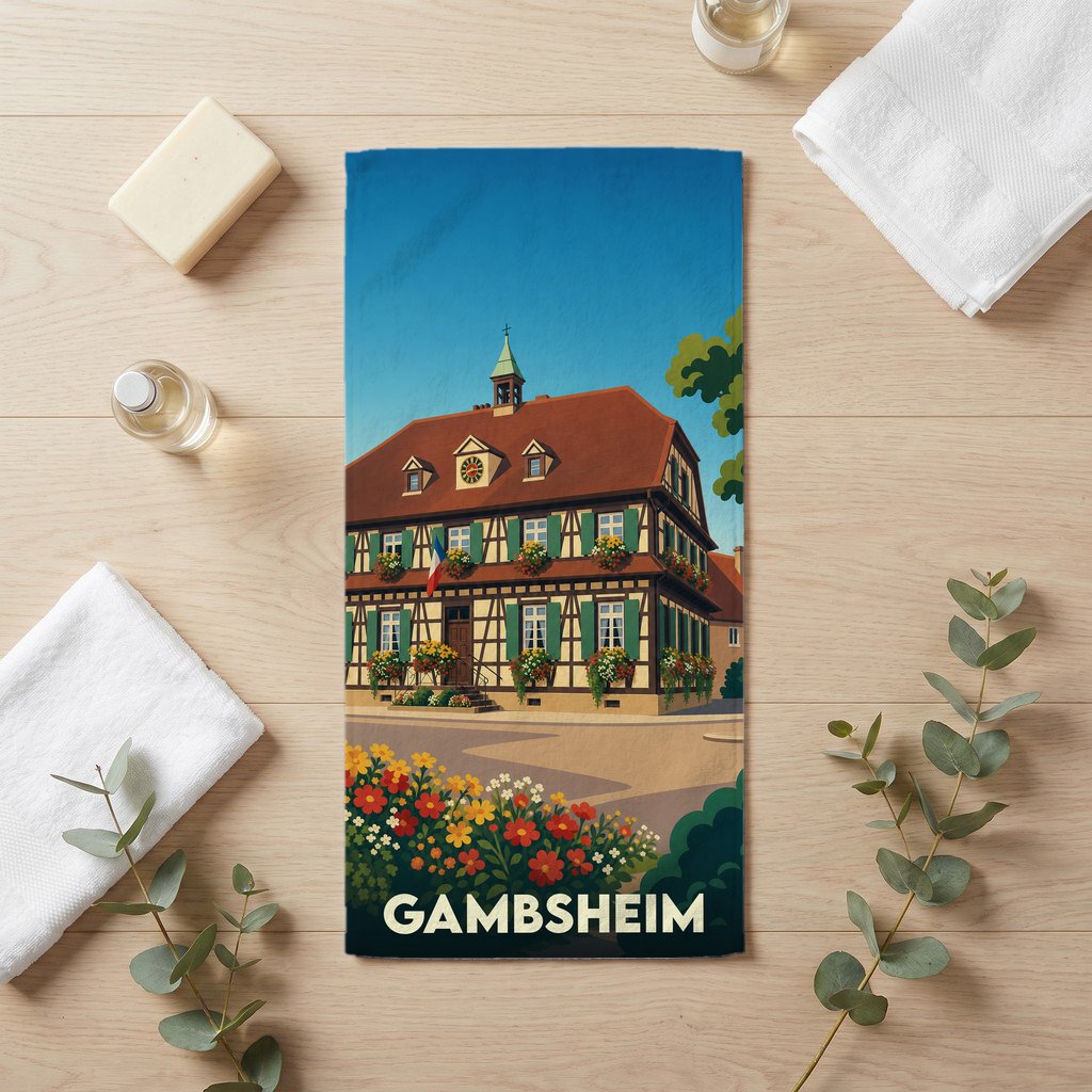 Serviette de bain souvenir de la ville de Gambsheim ornée d'une illustration stylisée de sa mairie à colombages.