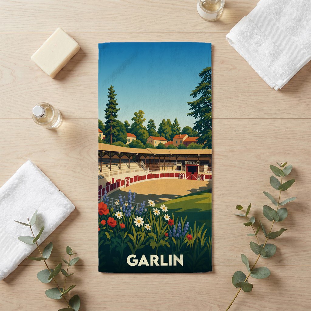 Serviette de bain souvenir de la ville de Garlin ornée d'une illustration stylisée de ses arènes.