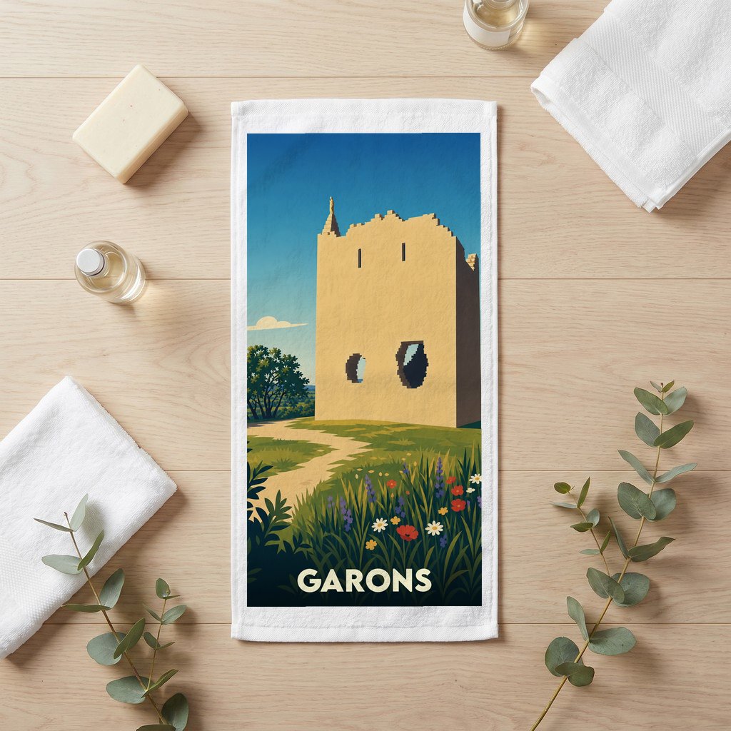 Serviette de bain souvenir de la ville de Garons illustrant un paysage de tour ancienne et de fleurs sauvages.