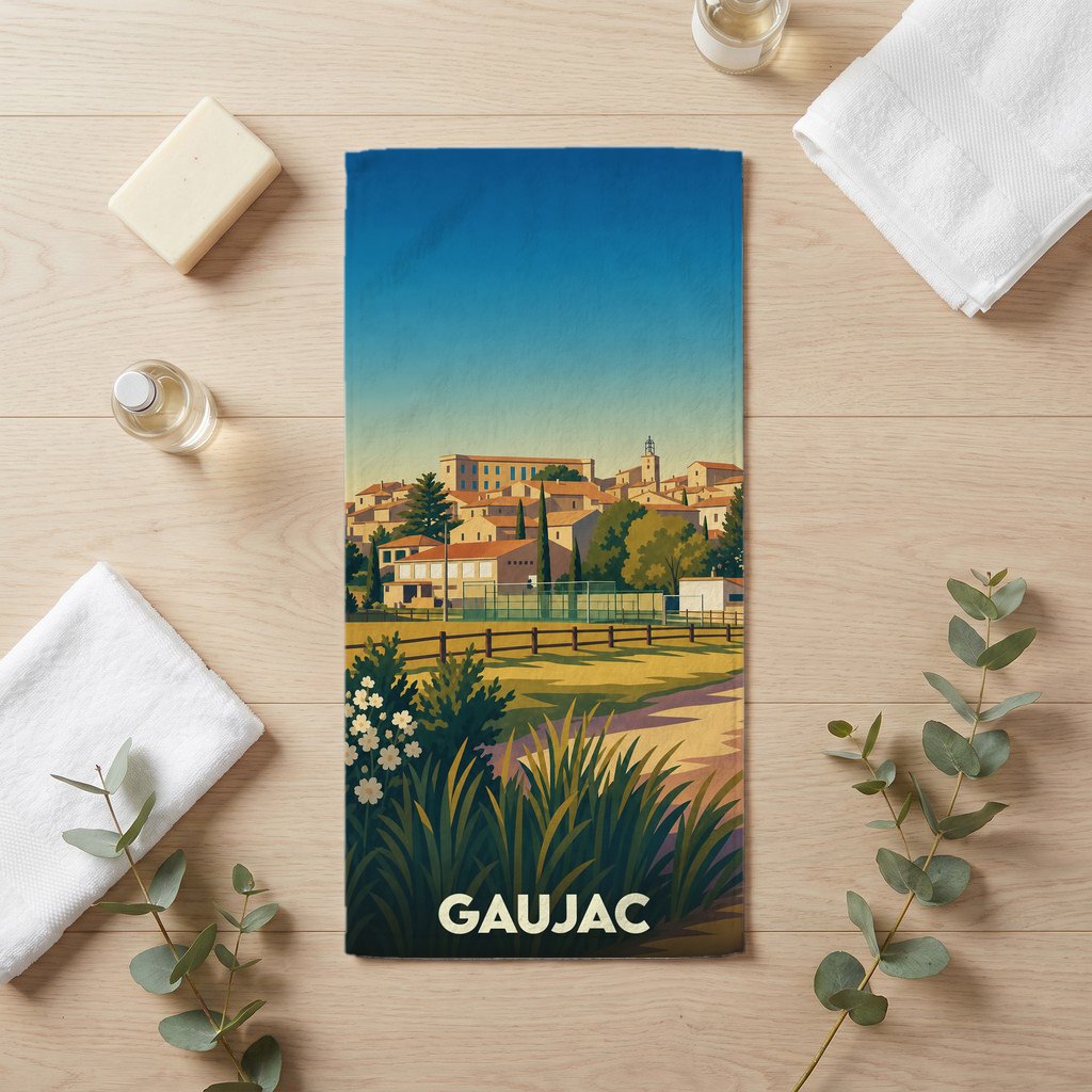 Serviette de bain souvenir de la ville de Gaujac avec une illustration stylisée de son paysage urbain.