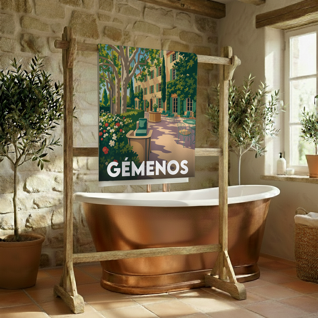 Serviette de bain souvenir de la ville de Gémenos avec une illustration stylisée.