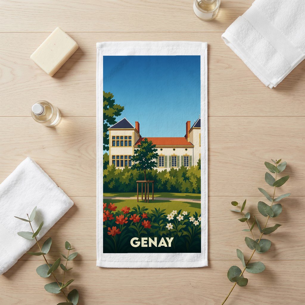 Serviette de bain souvenir de la ville de Genay avec une illustration stylisée d'un manoir et son jardin.