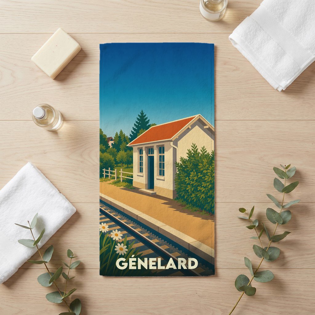 Serviette de bain souvenir de la ville de Génelard avec une illustration stylisée de sa gare ferroviaire.