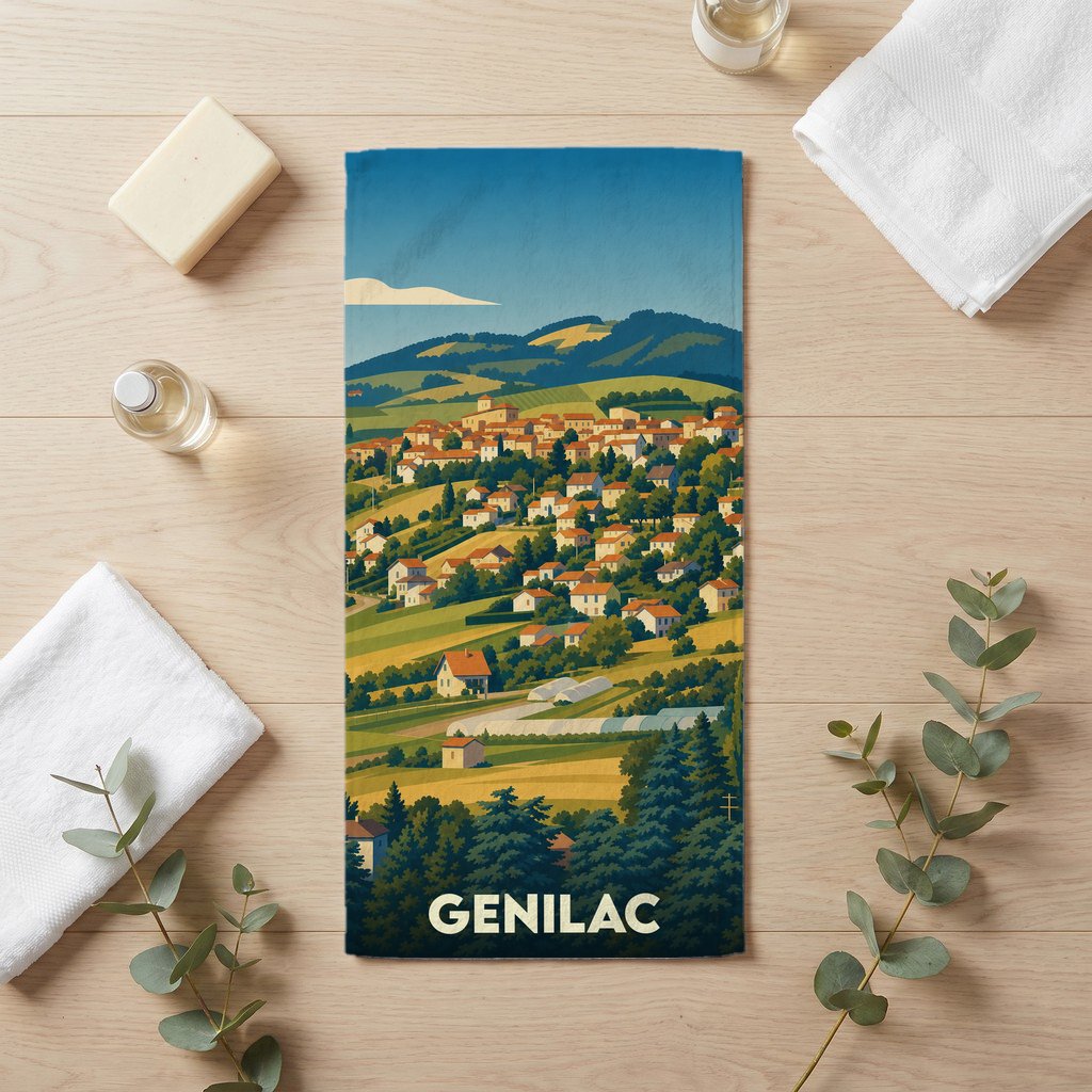 Serviette de bain souvenir de la ville de Genilac avec une illustration paysagère stylisée.