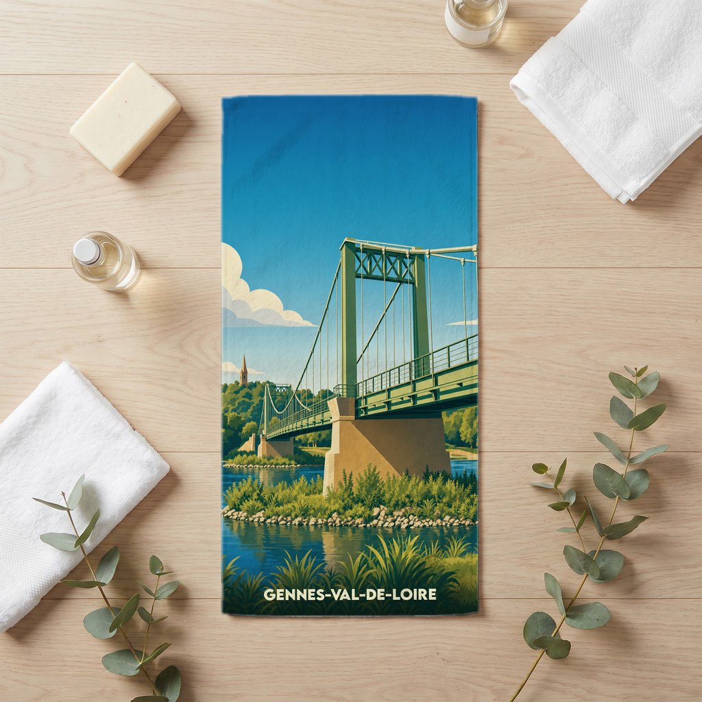 Serviette de bain souvenir de Gennes-Val-de-Loire illustrant son pont suspendu dans un style rétro.