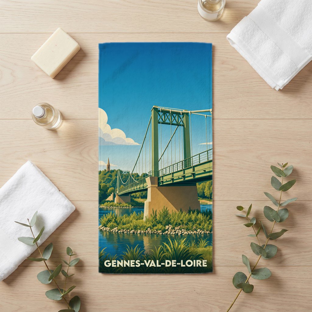 Serviette de bain souvenir de Gennes-Val-de-Loire illustrant son pont suspendu dans un style rétro.