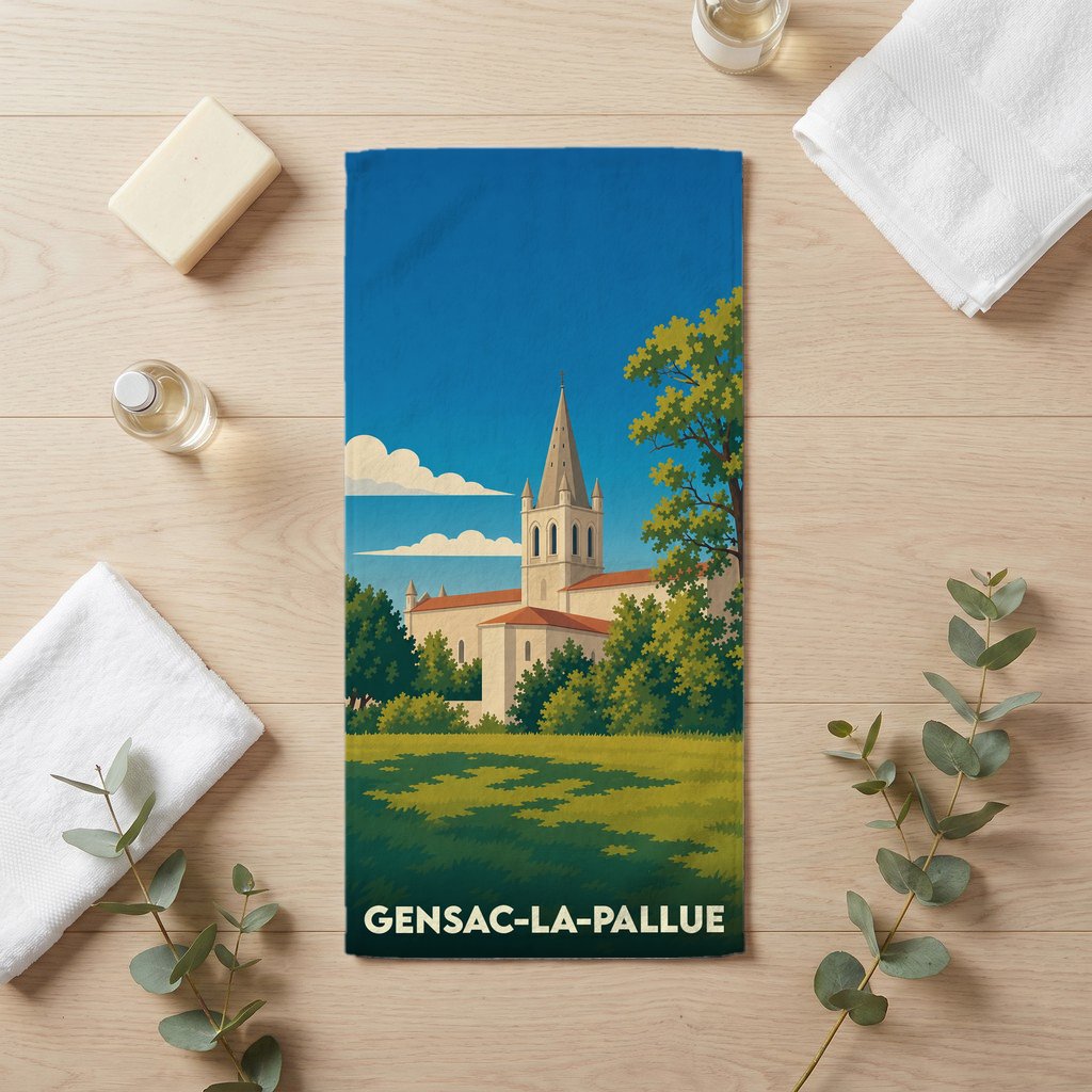 Serviette de bain souvenir de la ville de Gensac-la-Pallue avec une illustration stylisée de son église.