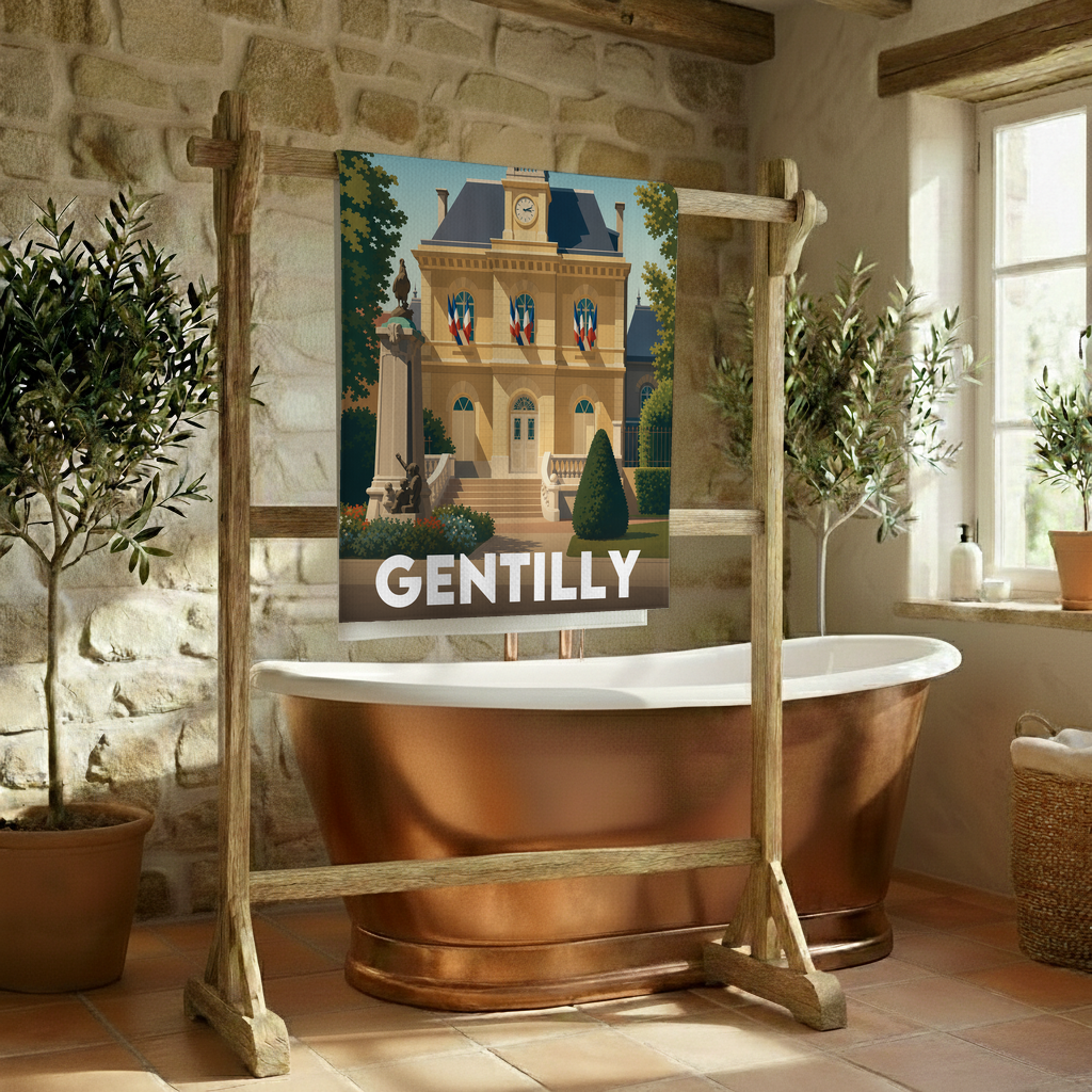 Serviette de bain souvenir de la ville de Gentilly avec une illustration stylisée.